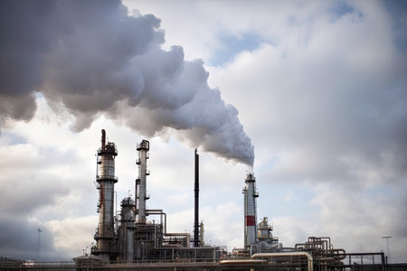 refinery, with steam and smoke rising from the process of extracting oil, created with generative aiの素材