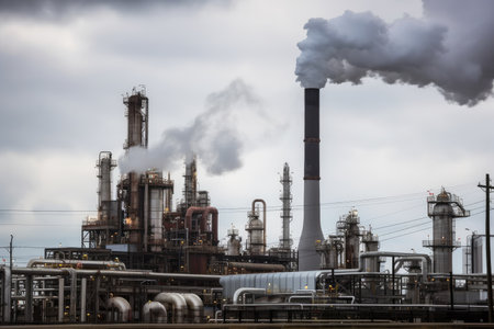 refinery, with steam and smoke rising from the process of extracting oil, created with generative aiの素材