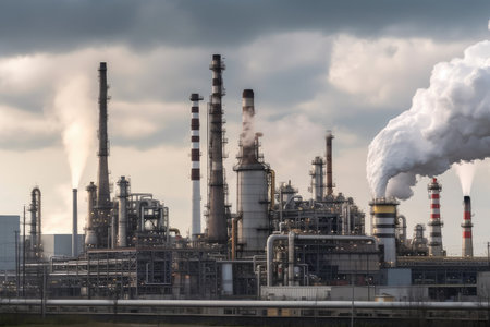 petrochemical plant, with smoke billowing from its chimneys and conveyor belts transporting raw materials, created with generative aiの素材