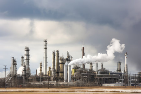 petrochemical plant, with smoke billowing from its chimneys and conveyor belts transporting raw materials, created with generative aiの素材