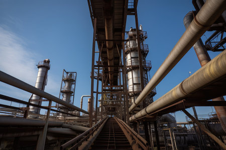 refinery, with pipes carrying raw materials into the plant and finished products out for shipping, created with generative aiの素材