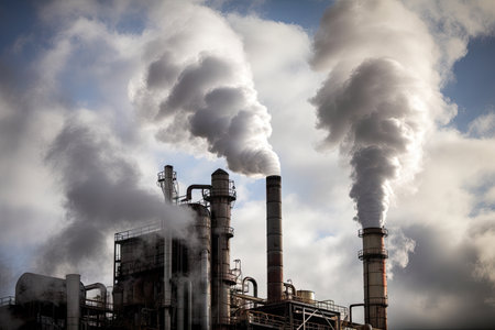 chemical plant, with smoke billowing from chimneys and steam rising from tanks, created with generative aiの素材
