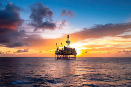 oil rig, with view of the sunset, in tropical paradise, created with generative aiの素材