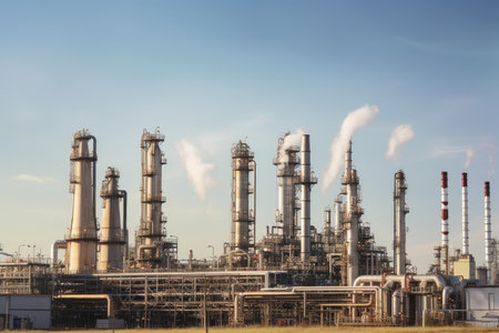 petrochemical complex, with towers and pipes stretching into the sky, created with generative aiの素材