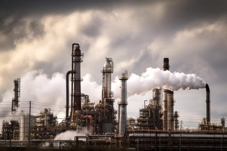 petrochemical plant, with smoke billowing from tall chimneys and tanks, created with generative aiの素材