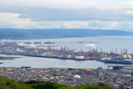 coastal city, with view of oil refineries and offshore drilling platforms, created with generative aiの素材