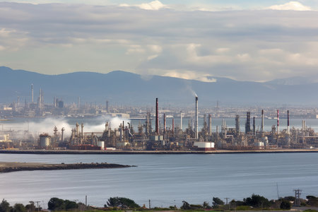 coastal city, with view of oil refineries and offshore drilling platforms, created with generative aiの素材