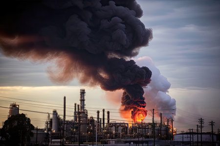 petrochemical plant, with smoke and flames billowing from the smokestacks, created with generative aiの素材