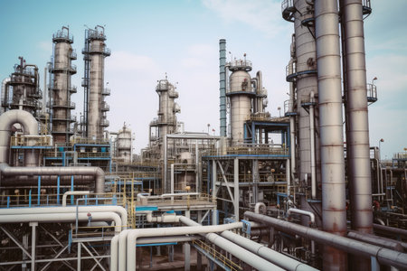 petrochemical factory, with equipment and machinery visible, producing range of chemicals, created with generative aiの素材
