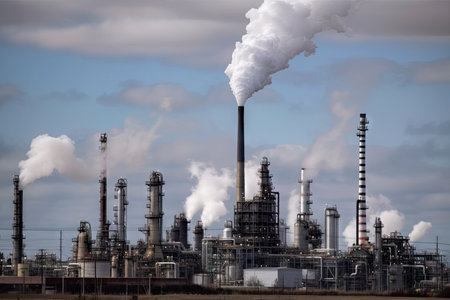 refinery, with towering columns and towers of smoke rising from the stacks, created with generative aiの素材