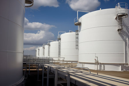 tank farm, with array of tanks and pipes, transporting refined products, created with generative aiの素材