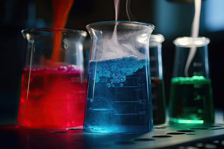 close-up of chemical reaction in laboratory, created with generative aiの素材