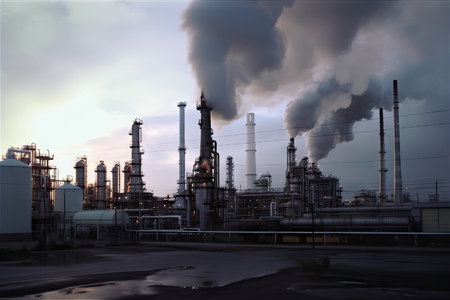 petrochemical plant, with smoke billowing from stacks and tanks of chemicals in the background, created with generative aiの素材