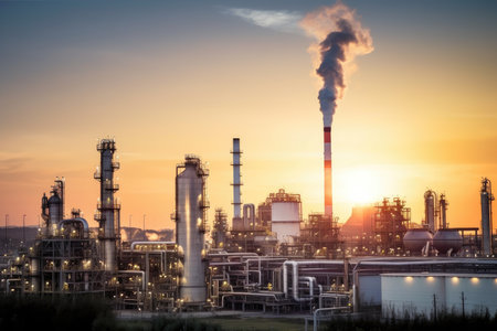 petrochemical plant, with smokestacks and tanks visible, and the sun shining down on it, created with generative aiの素材