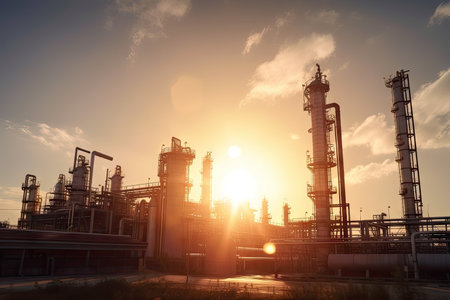 petrochemical plant, with smokestacks and tanks visible, and the sun shining down on it, created with generative aiの素材