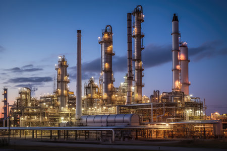 refinery, with endless stream of products coming out of the various distillation towers, created with generative aiの素材