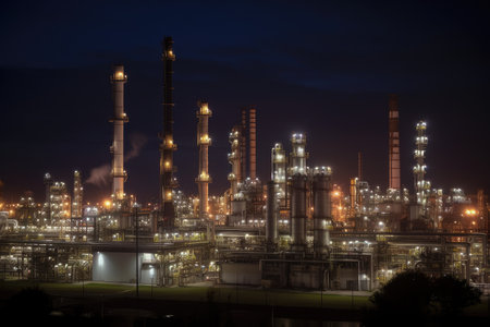 refinery, with endless stream of products coming out of the various distillation towers, created with generative aiの素材