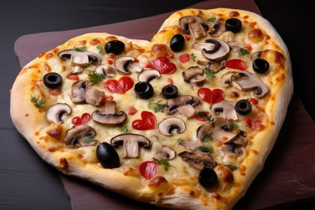 heart-shaped pizza with olives and mushrooms, created with generative aiの素材