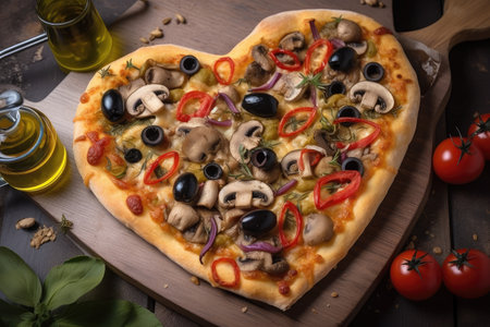 heart-shaped pizza with olives and mushrooms, created with generative aiの素材
