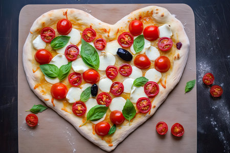 heart-shaped pizza with fresh basil, mozzarella, and cherry tomatoes, created with generative aiの素材