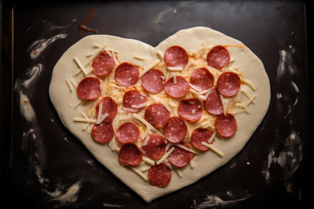 heart-shaped pizza with pepperoni and cheese, ready to be baked, created with generative aiの素材