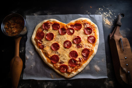 heart-shaped pizza with pepperoni and cheese, ready to be baked, created with generative aiの素材