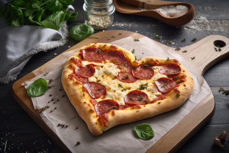 heart-shaped pizza with spicy salami and mozzarella cheese, created with generative aiの素材