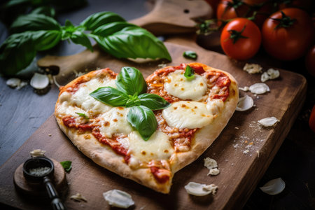 heart-shaped pizza slice with extra mozzarella cheese and basil, created with generative aiの素材