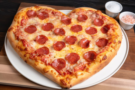 large pizza heart serving plate filled with pepperoni and extra cheese, created with generative aiの素材