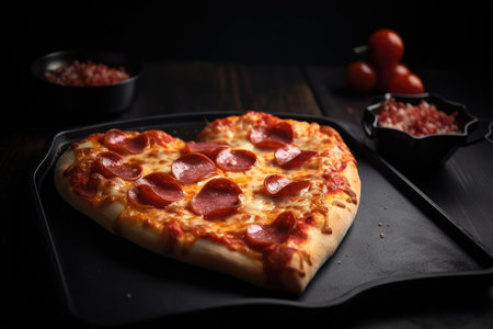 heart-shaped pizza with pepperoni and cheese on black wooden table, created with generative aiの素材