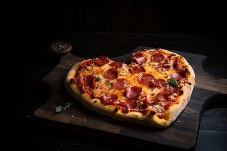 heart-shaped pizza with pepperoni and cheese on black wooden table, created with generative aiの素材