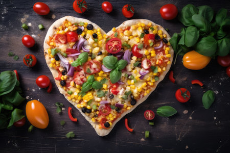 heart-shaped pizza with colorful mix of veggies and cheese, created with generative aiの素材