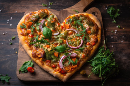 heart-shaped pizza on a wooden board, created with generative aiの素材