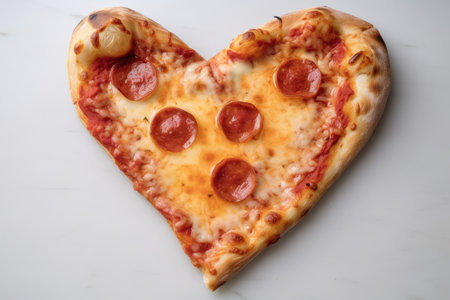 a slice of pizza with a heart-shaped crust and cheese on the inside, created with generative aiの素材
