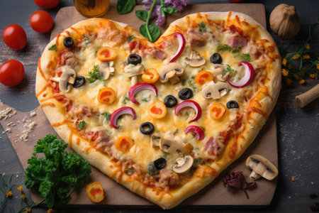 heart-shaped pizza with different kinds of cheese and toppings in the center, created with generative aiの素材