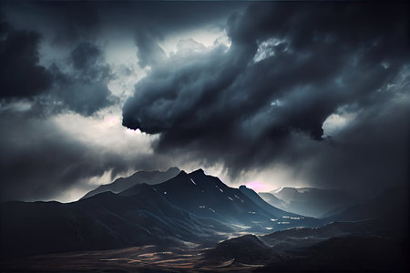 thick clouds in sky over mountains after aftermath hurricane, created with generative aiの素材