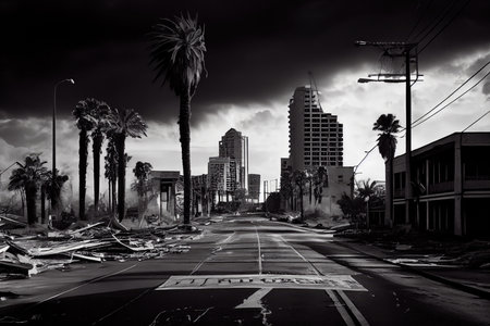 city of america in black-and-white photo after tropical storm aftermath hurricane, created with generative aiの素材