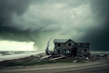 low cloud against backdrop of sea and sky after devastating aftermath hurricane, created with generative aiの素材