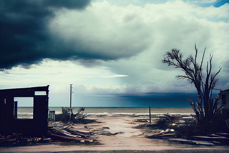 low cloud against backdrop of sea and sky after devastating aftermath hurricane, created with generative aiの素材