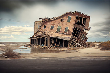 buildings damaged by winds and flooded after hurricane, created with generative aiの素材
