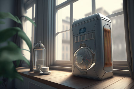 close-up of purifier, with view of room in the background, created with generative aiの素材