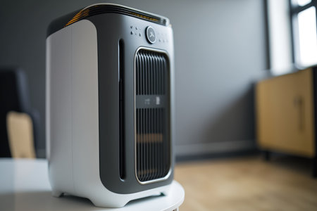 close-up of air purifier, with a view of the room visible in the background, created with generative aiの素材