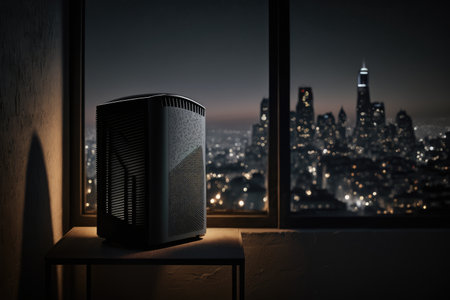 night scene, with air purifier generating gentle hum in the background, created with generative aiの素材