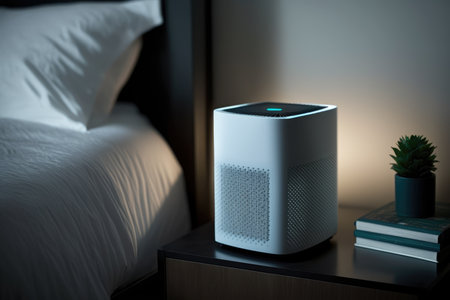air purifier on nightstand, providing peaceful sleep for its users, created with generative aiの素材