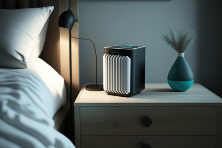 air purifier on nightstand, providing peaceful sleep for its users, created with generative aiの素材