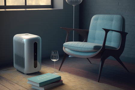 air purifier next to reading chair, with book and glass of wine on the table, created with generative aiの素材