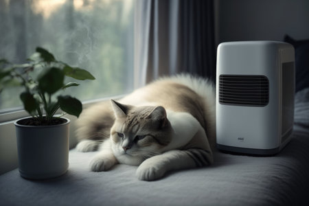 air purifier in room with cat, lying on bed and watching peacefully, created with generative aiの素材