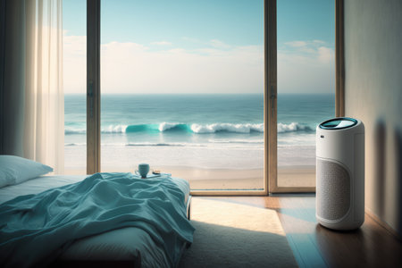 air purifier in the bedroom, with view of the ocean and waves breaking on shore, created with generative aiの素材