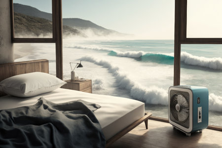 air purifier in the bedroom, with view of the ocean and waves breaking on shore, created with generative aiの素材