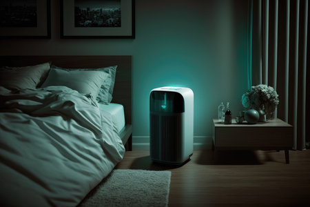 air purifier in bedroom, providing a peaceful nights sleep, created with generative aiの素材